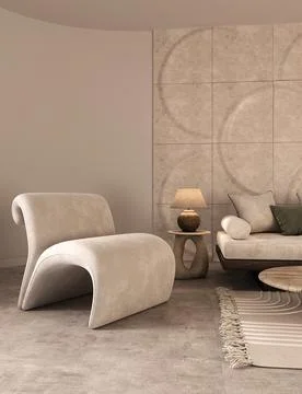 Modern bohemian interior composition with large scandinavian sofa with pillows Stock-Illustration