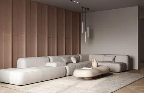 Modern bohemian interior composition with large modular sofa, lamp ceiling and 스톡 일러스트