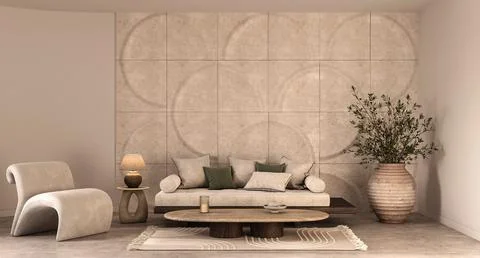 Modern bohemian interior composition with large scandinavian sofa with pillows Stock Illustration