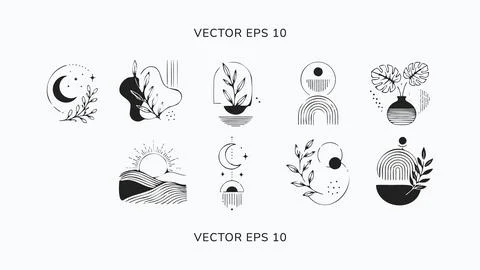 Modern Boho Celestial Botanical Abstract Vector Icon Collection Stock Illustration
