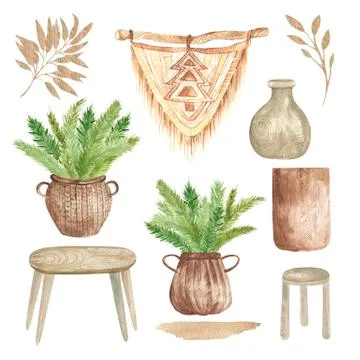 Modern Boho elements of the interior Home decor macrame, baskets with branches Illustrazione stock