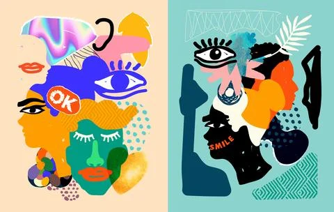 Modern Bold People Faces Abstract Collage Stock Illustration
