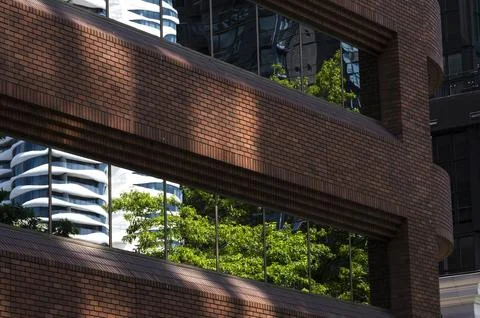 Modern Brick Facade and Reflected Architecture, Vancouver, Canada, 26 July 2025 Stock Photos