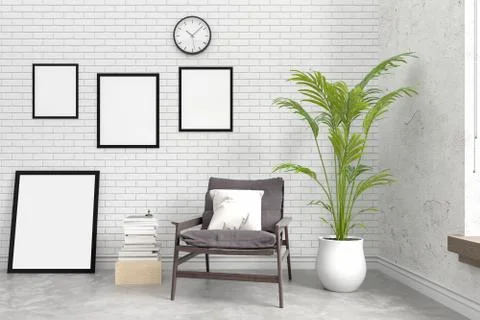 Modern brick interior wall with blank photo frame, 3D illustration Stock Photos