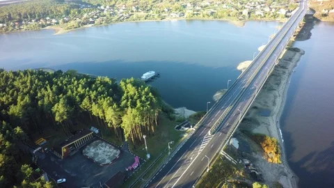 Modern bridge buildings with empty road under blue sky. Stock Footage 95928092