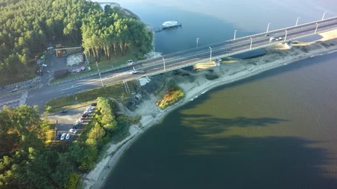 Modern bridge buildings with empty road under blue sky. Video stock 95977698