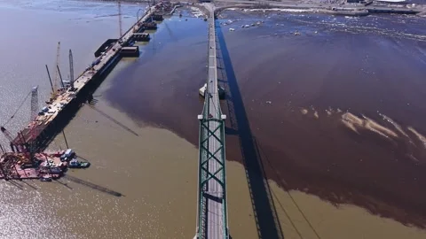 Modern bridge engineering with cables over river Stock Footage 333216576
