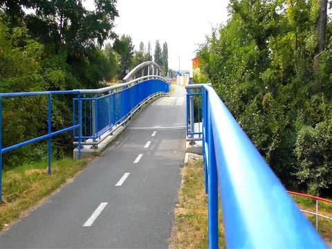 Modern Bridge on the River and Cycle Route Stock Footage 73197030