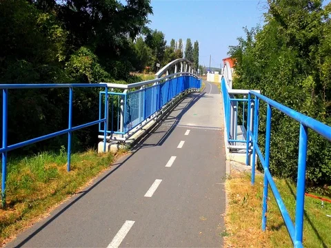 Modern Bridge on the River and Cycle Route Stock Footage 73198895