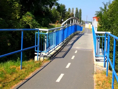 Modern Bridge on the River and Cycle Route Stock Footage 73199069