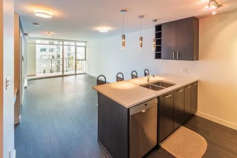 Modern, bright, clean, empty kitchen interior in a luxury apartment. Stock Photos