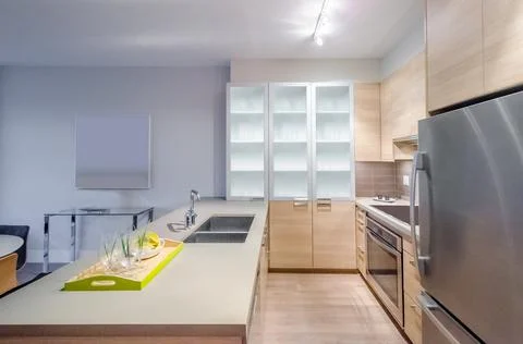 Modern, bright, clean empty kitchen interior with stainless steel appliances  Stock Photos