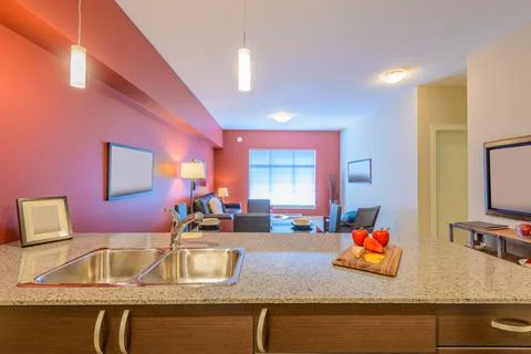 Modern, bright, clean, kitchen interior with stainless steel appliances in a  Stock Photos