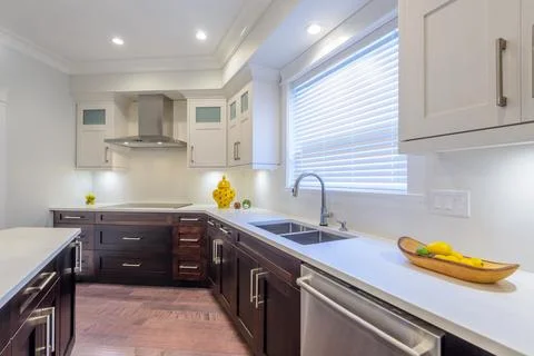 Modern, bright, clean, kitchen interior with stainless steel appliances in a  Foto stock