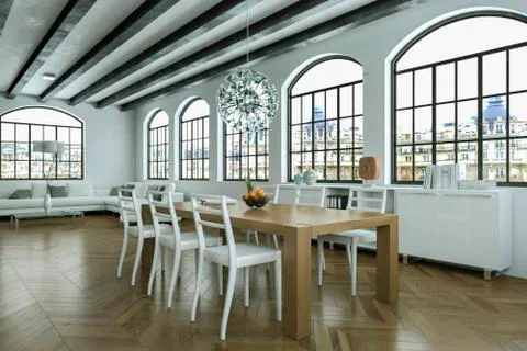 Modern bright dining room in loft interior design Stock Illustration