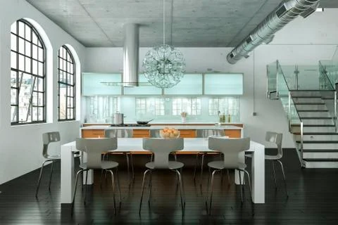 Modern bright dining room in loft interior design Stock Illustration