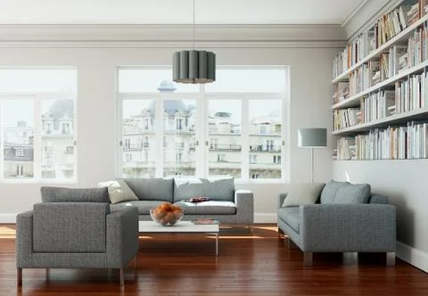 Modern bright flat interior design with sofa Stock Illustration