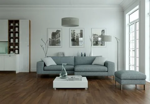 Modern bright flat interior design with sofa Stock Illustration