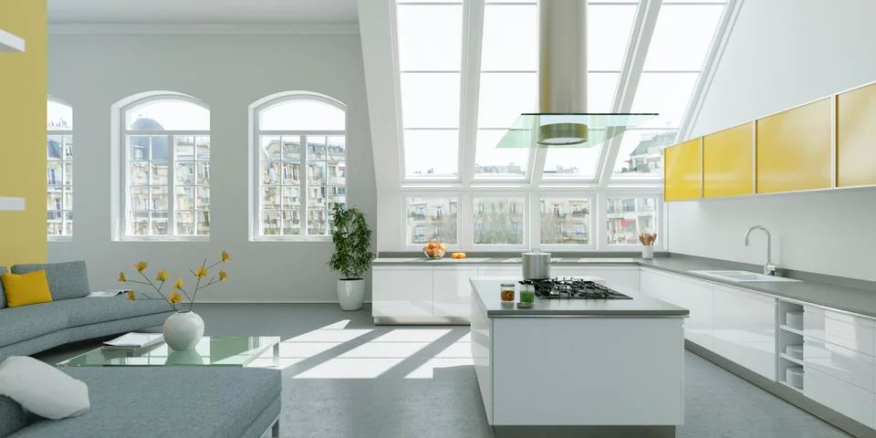 Modern bright flat interior design with yellow accents Stock Illustration