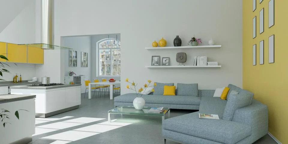 Modern bright flat interior design with yellow accents Stock Illustration