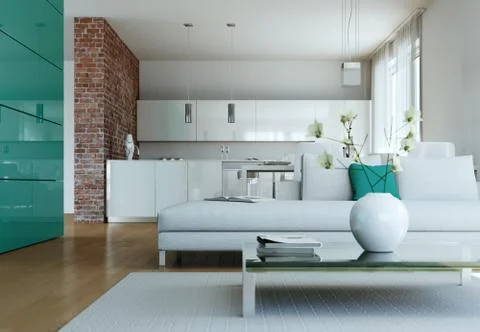 Modern bright flat interior design with sofas Stock Illustration