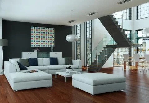 Modern bright flat interior design with sofas Illustrazione stock