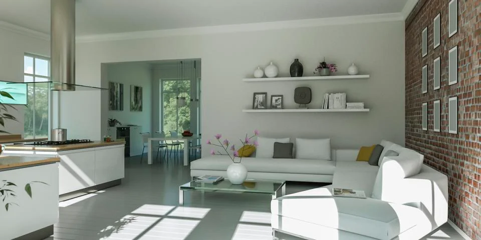 Modern bright flat interior design with sofas 库存插图