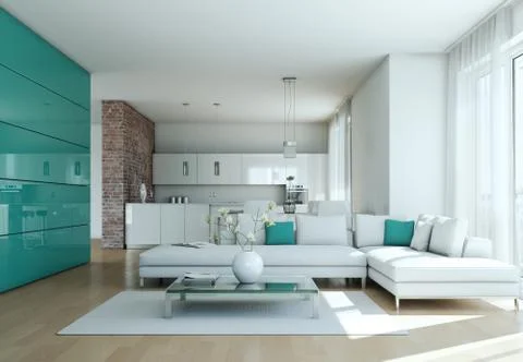 Modern bright flat interior design with sofas Stock Illustration