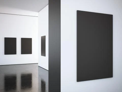 Modern bright gallery with black frames. 3d rendering Illustrazione stock