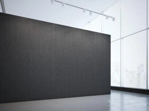 Modern bright gallery with black wall and spotlights. 3d rendering 库存插图