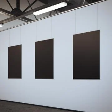 Modern bright gallery with three blank frames. 3d rendering Illustrazione stock