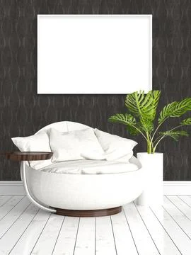 Modern bright interior with empty frame . 3D rendering Ilustración de archivo