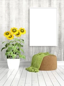 Modern bright interior with empty frame . 3D rendering Ilustración de archivo
