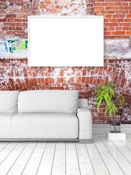 Modern bright interior with empty frame . 3D rendering Ilustración de archivo