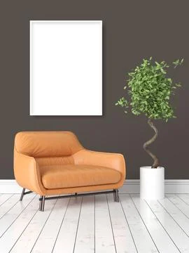 Modern bright interior with empty frame . 3D rendering Ilustración de archivo
