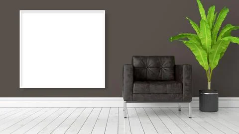Modern bright interior with empty frame . 3D rendering Ilustración de archivo