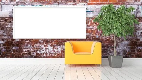 Modern bright interior with empty frame . 3D rendering Ilustración de archivo