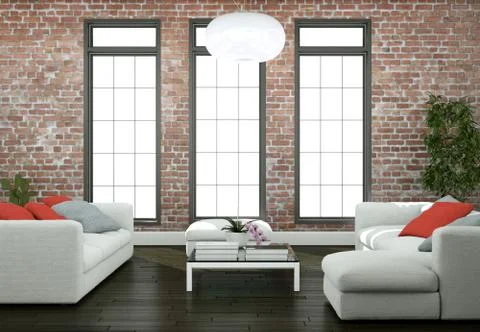 Modern bright living room interior design with sofas and stonewall Stock Illustration