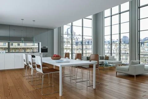Modern bright loft with big Windows interior design Stock Illustration