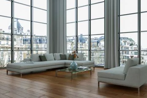 Modern bright loft with big Windows interior design Stock Illustration