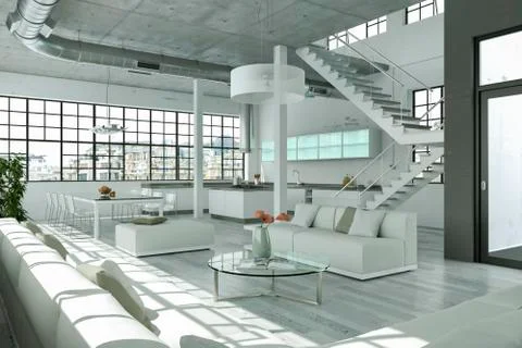 Modern bright loft with big Windows interior design Stock Illustration