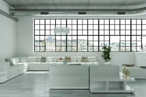Modern bright loft with big Windows interior design Stock Illustration
