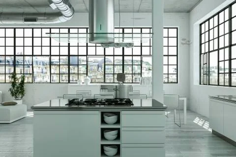Modern bright loft with big Windows interior design Stock Illustration