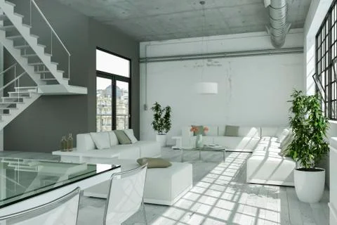Modern bright loft with big Windows interior design Stock Illustration