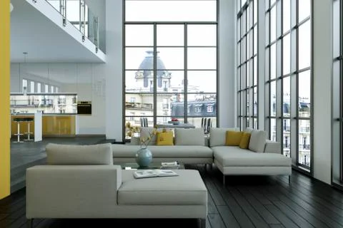 Modern bright loft with big Windows interior design Stock Illustration