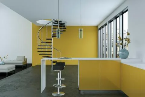 Modern bright loft with big Windows interior design Stock Illustration