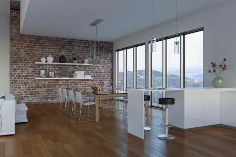 Modern bright loft with big Windows interior design Stock Illustration