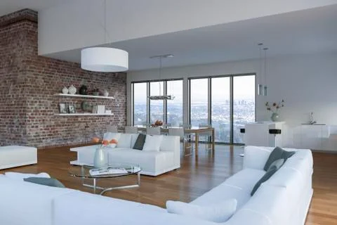 Modern bright loft with big Windows interior design Stock Illustration