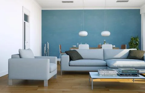 Modern bright loft interior design with sofas and dining table Stock Illustration