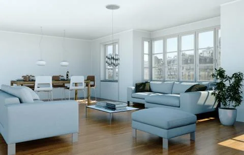 Modern bright loft interior design with sofas and dining table 스톡 일러스트